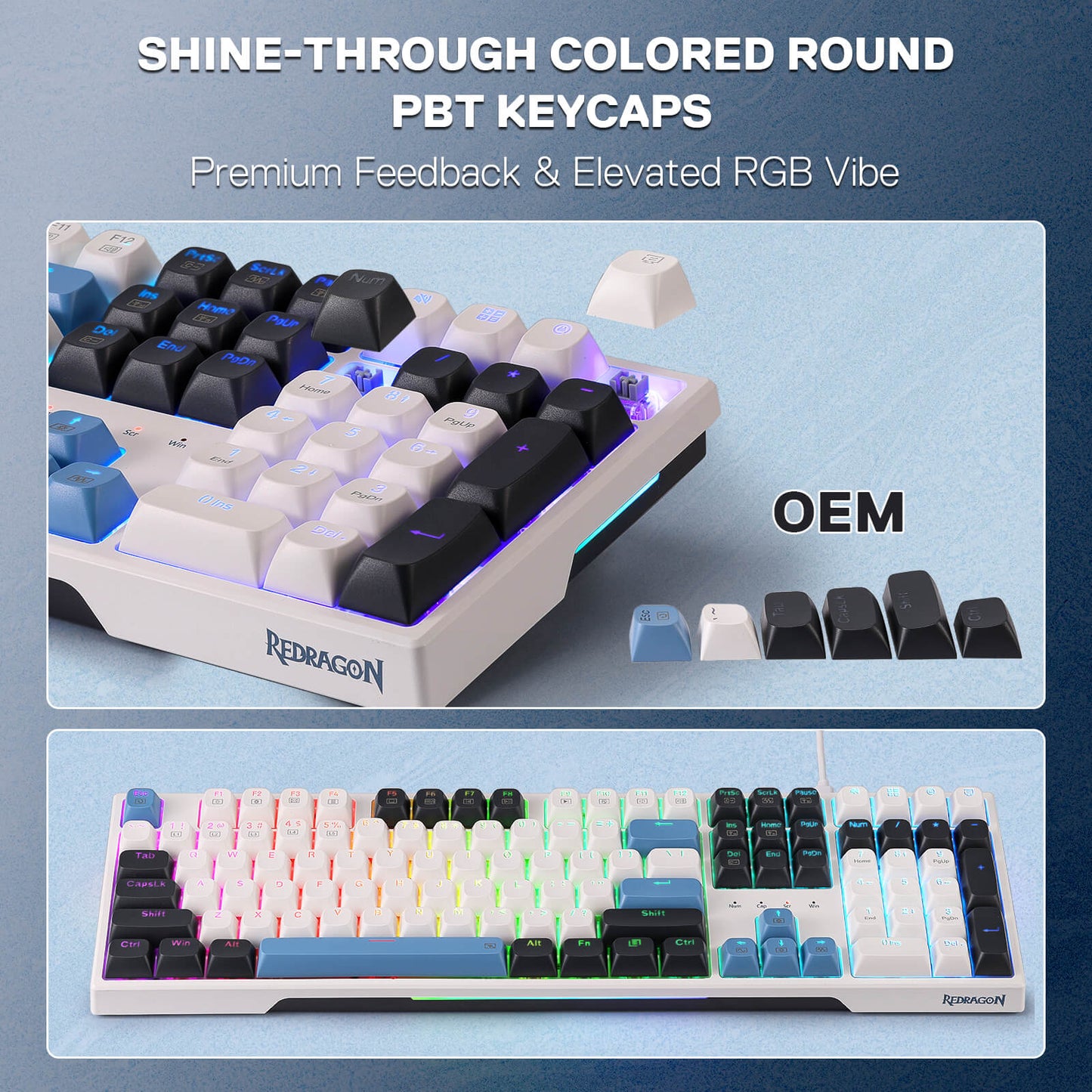 Mechanical keyboard with RGB lighting and 'Redragon' branding on a blue background