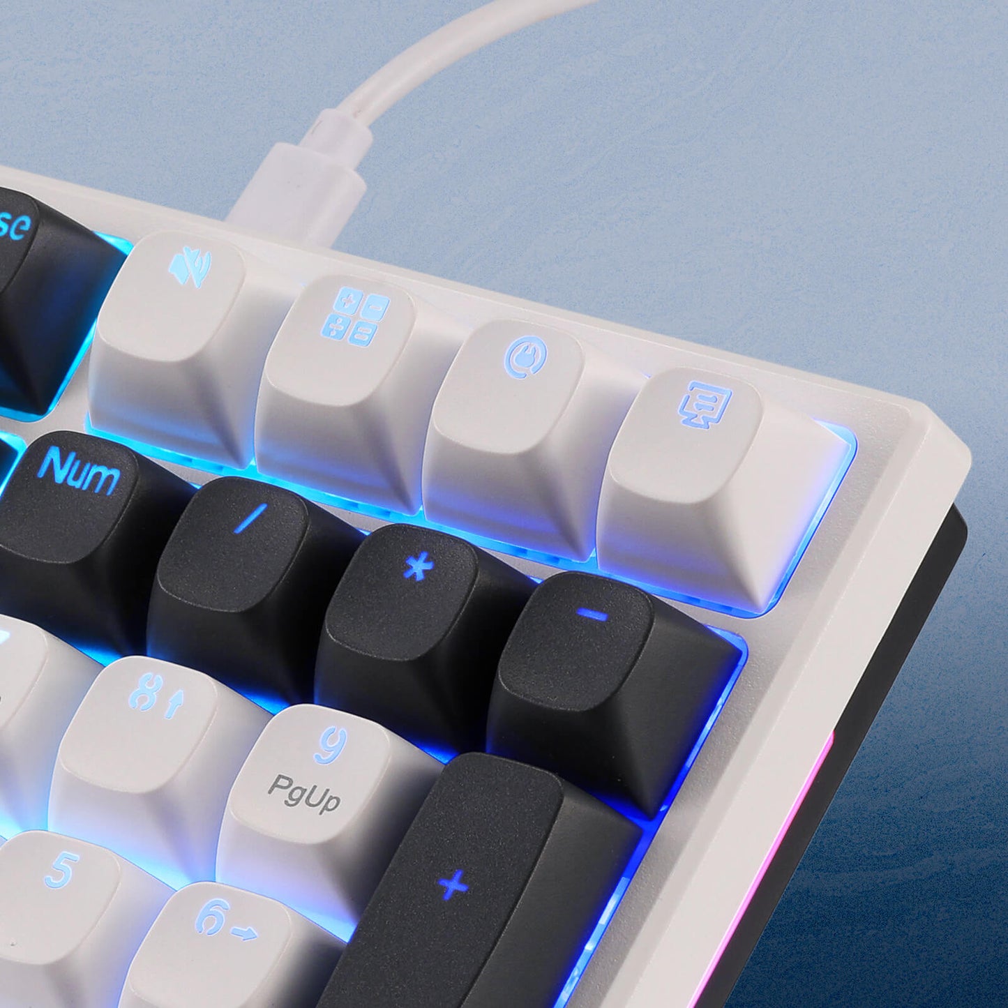 Close-up of a mechanical keyboard with blue backlighting on a light blue background