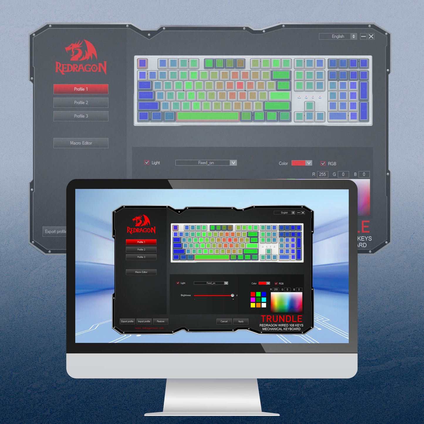 Redragon software interface on a computer screen with a blue gradient background
