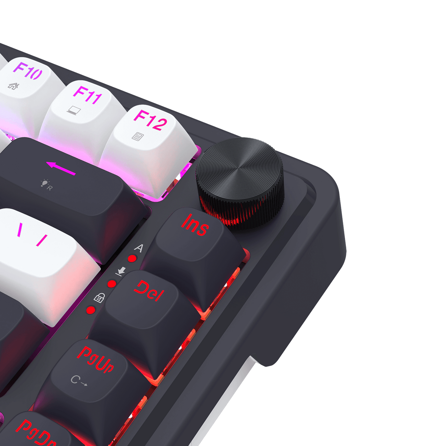 Close-up of Redragon K673 mechanical keyboard with illuminated keys on a black background