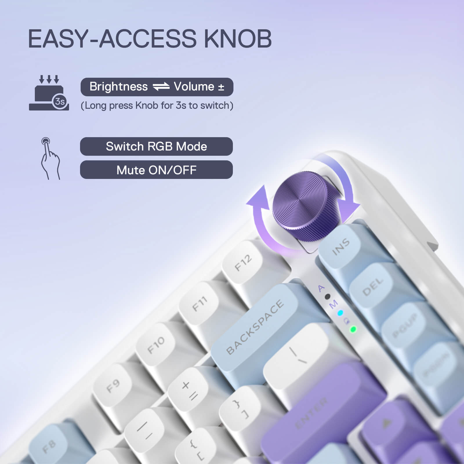 Redragon UCAL MAX K673 MOA Keycaps 75% 81 PBT Keys Hot-Swappable Gaming Keyboard in Moonrise Violet with Dedicated Knob Control