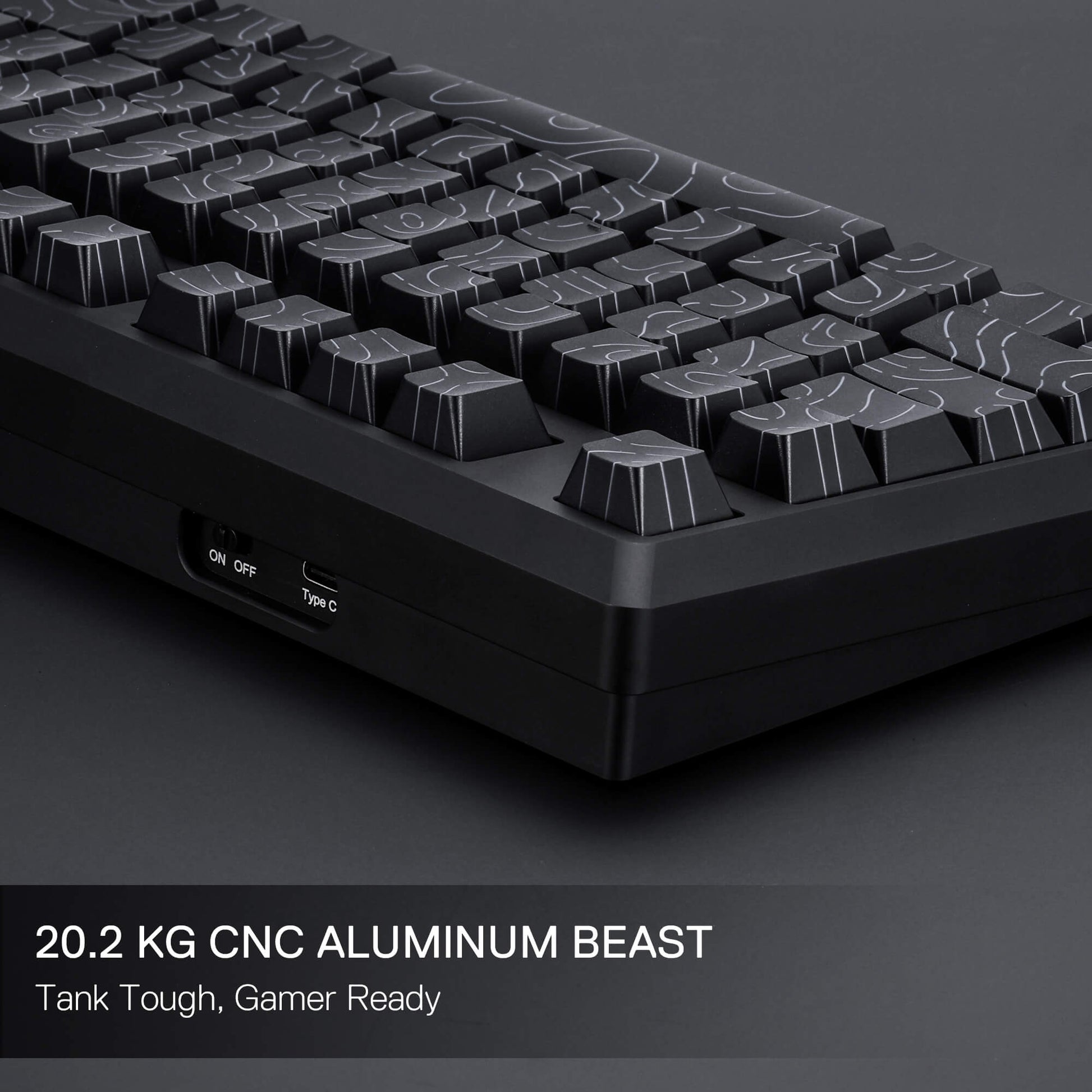 Black CNC aluminum keyboard on a dark background with text '20.2 KG CNC ALUMINUM BEAST'.
