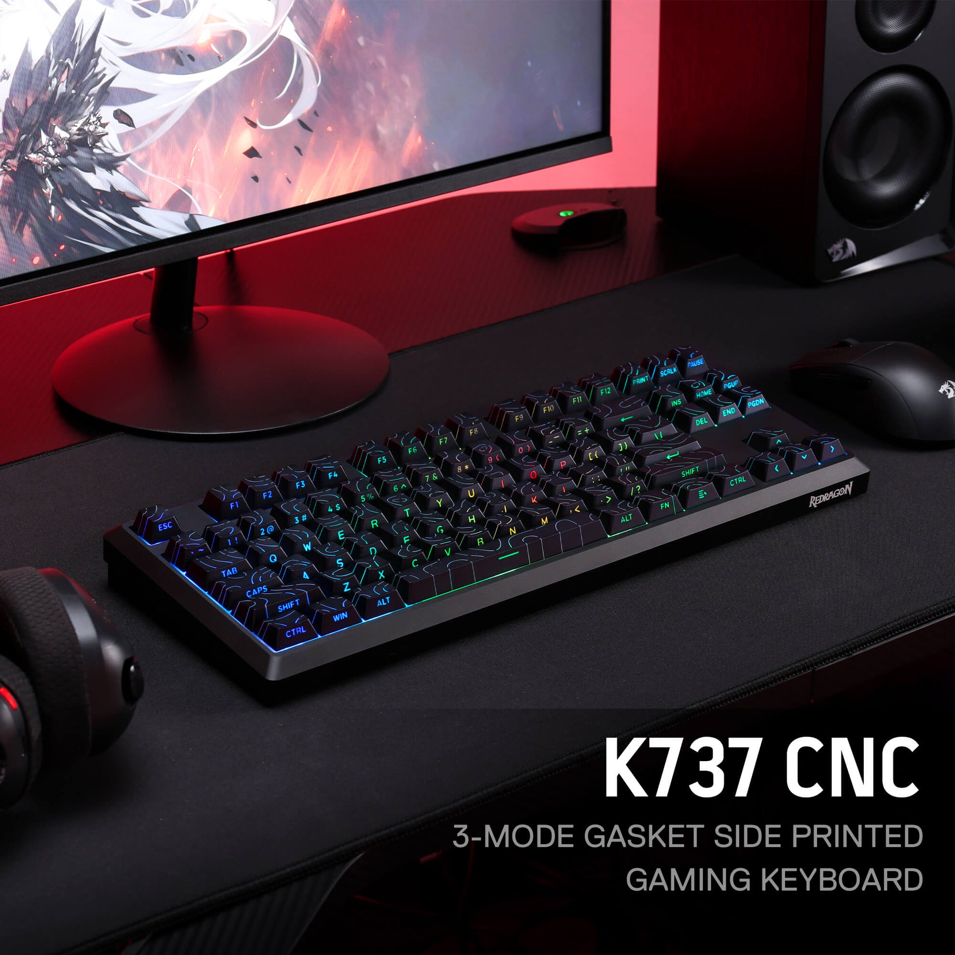 Redragon K737 PRO Wireless 87 Keys Gasket Gaming Keyboard, 80% Premium CNC Aluminum Mechanical Keyboard, Hot-Swap South-Facing LED Socket, 5-Layer Noise Dampening, Side-Printed PBT Contour Line Keycap