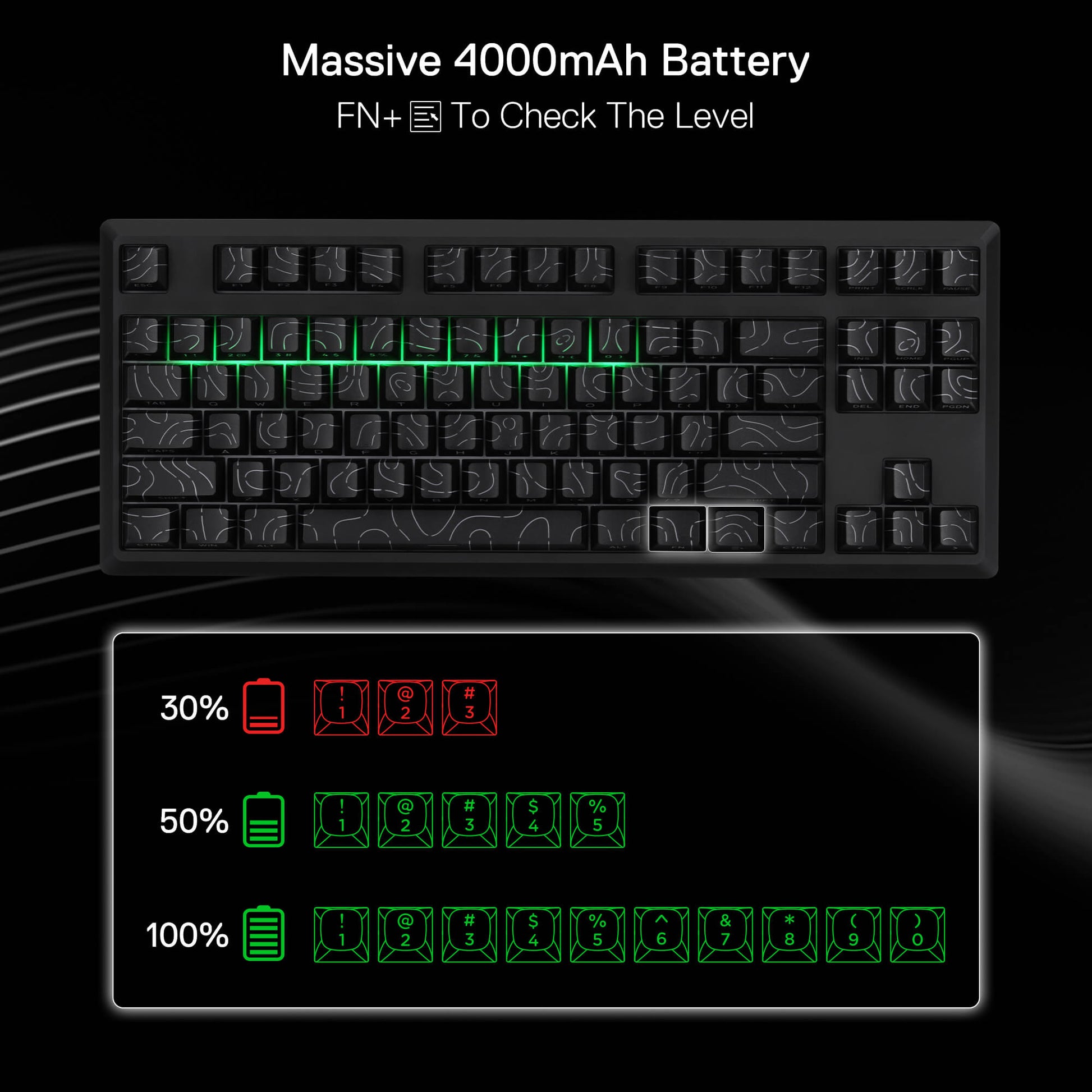 Mechanical keyboard with battery indicator display on a black background