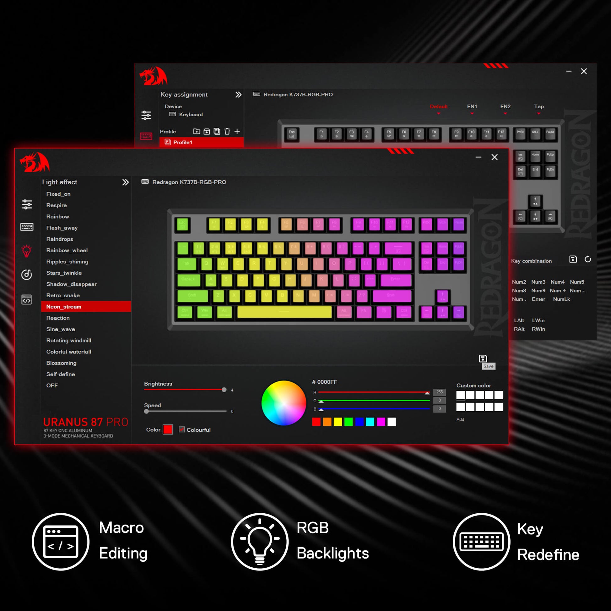 Keyboard software interface with RGB color options on a black background