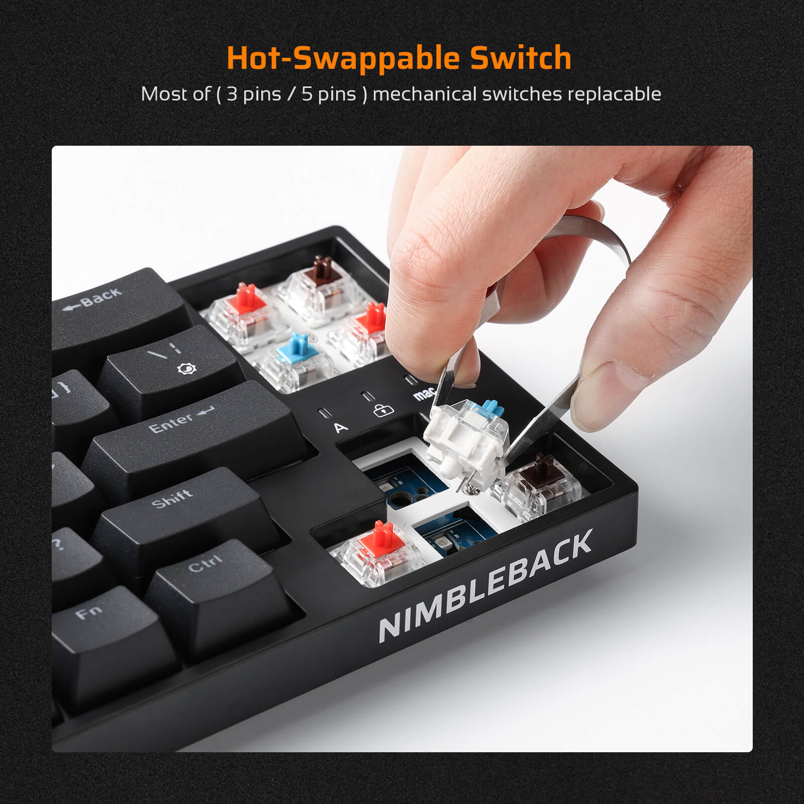 Keyboard with hot-swappable switch mechanism, Nimbleback branding visible