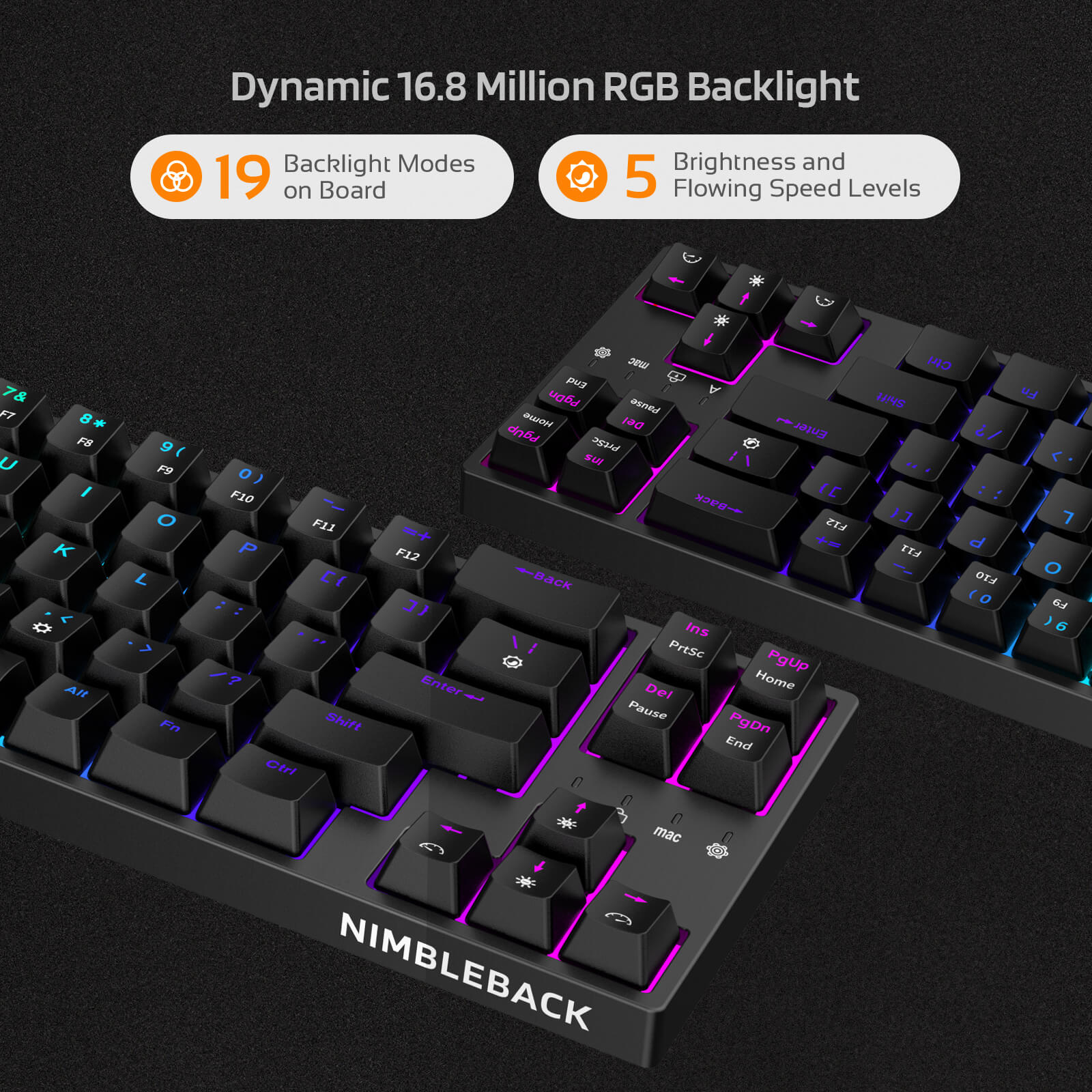 Nimbleback keyboard with dynamic RGB backlighting on a dark background