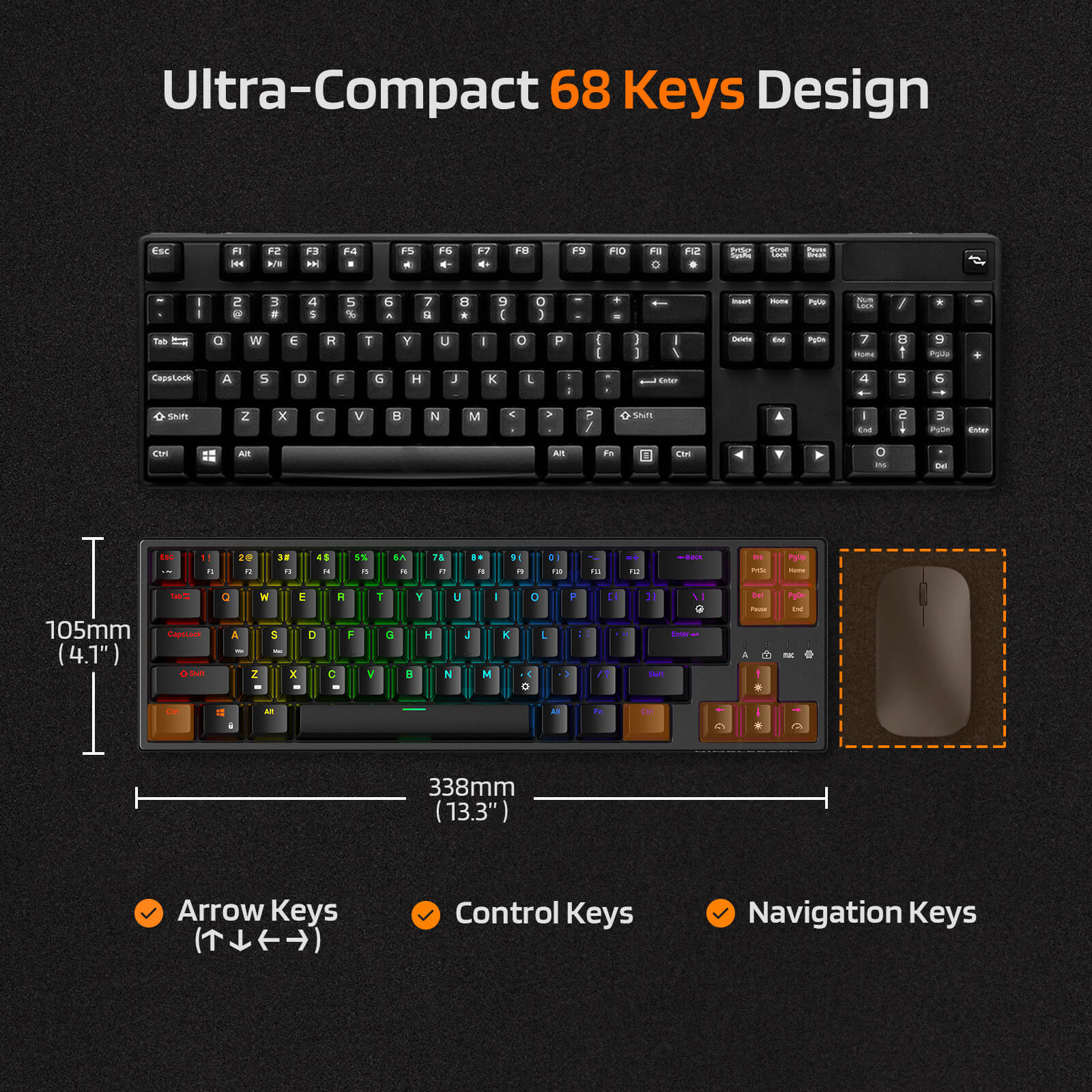 Ultra-compact keyboard with 68 keys design on a dark background