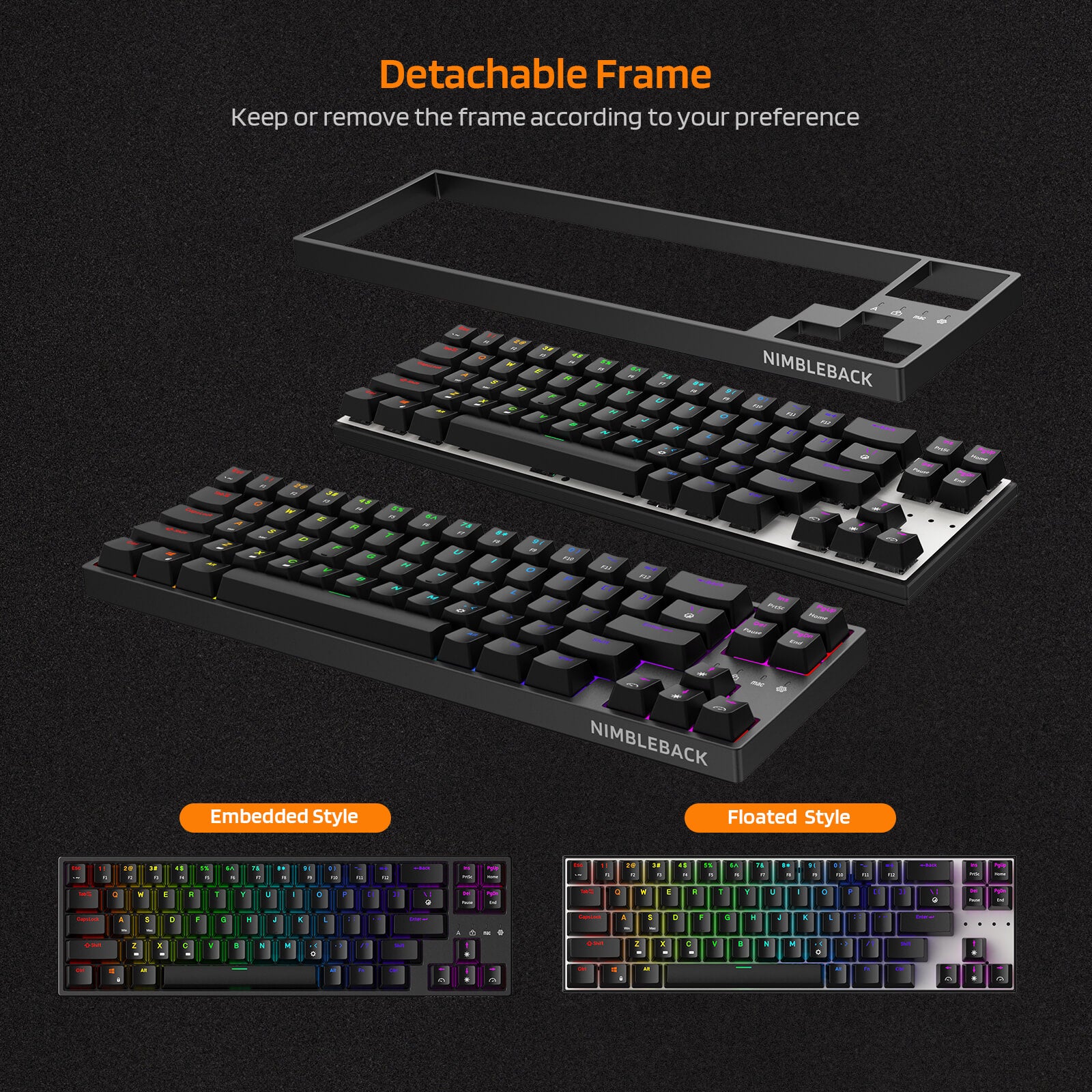 Keyboard with detachable frame feature on a dark background