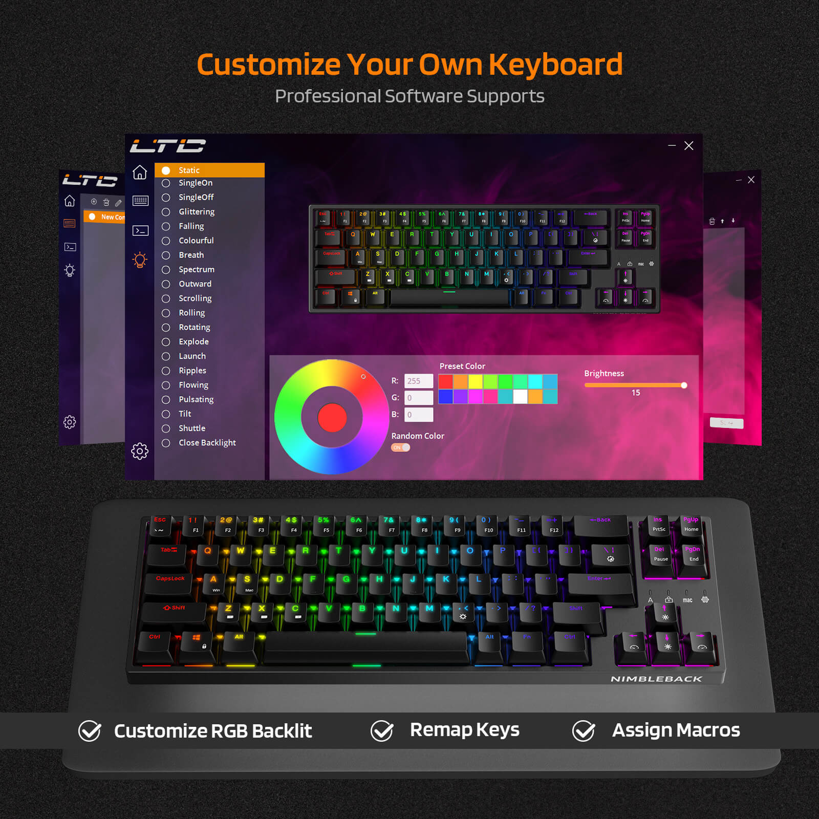 Keyboard customization software with RGB backlit keyboard on a dark background