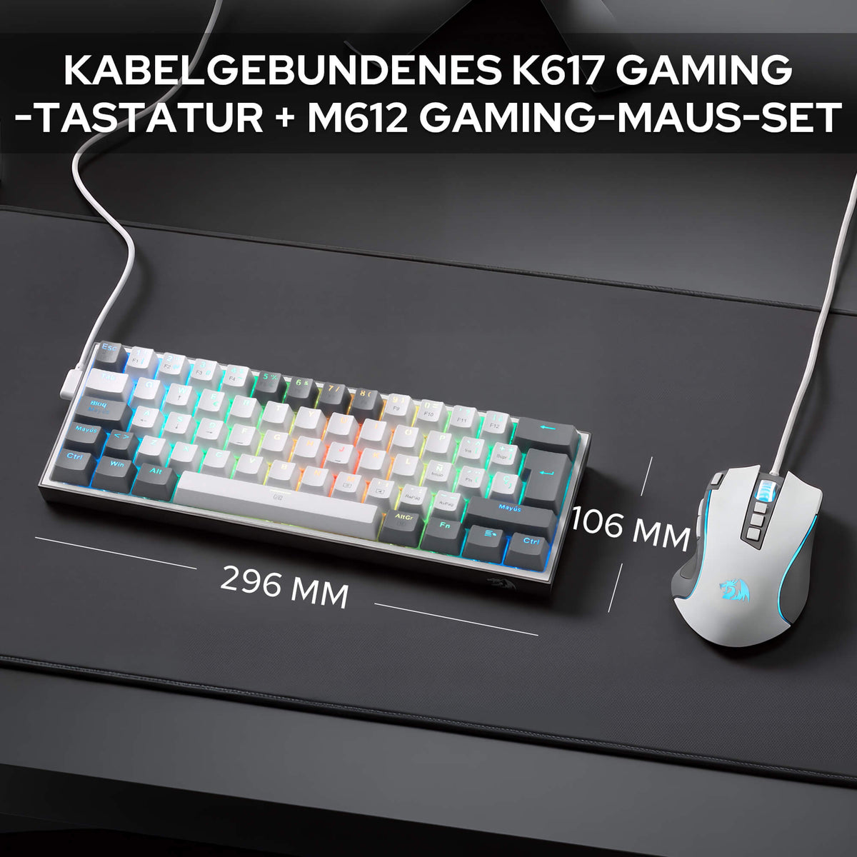 Redragon CB201 AZERTY Kabelgebunden Gaming‑Combo 60%‑Compact‑Layout Hot‑Swap RGB‑Modi, 5 DPI‑Stufen 8000 DPI, 11 programmierbare Maustasten, Makro‑Schnellfeuer‑Funktion, PRO‑Software