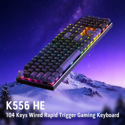 The K556 HE 104-key wired gaming keyboard (with RGB backlighting) is displayed against a starry, snowy backdrop, emphasizing its sleek, vibrant design.