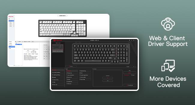 Keyboard with software interface on a computer screen, featuring text about web and client driver support.