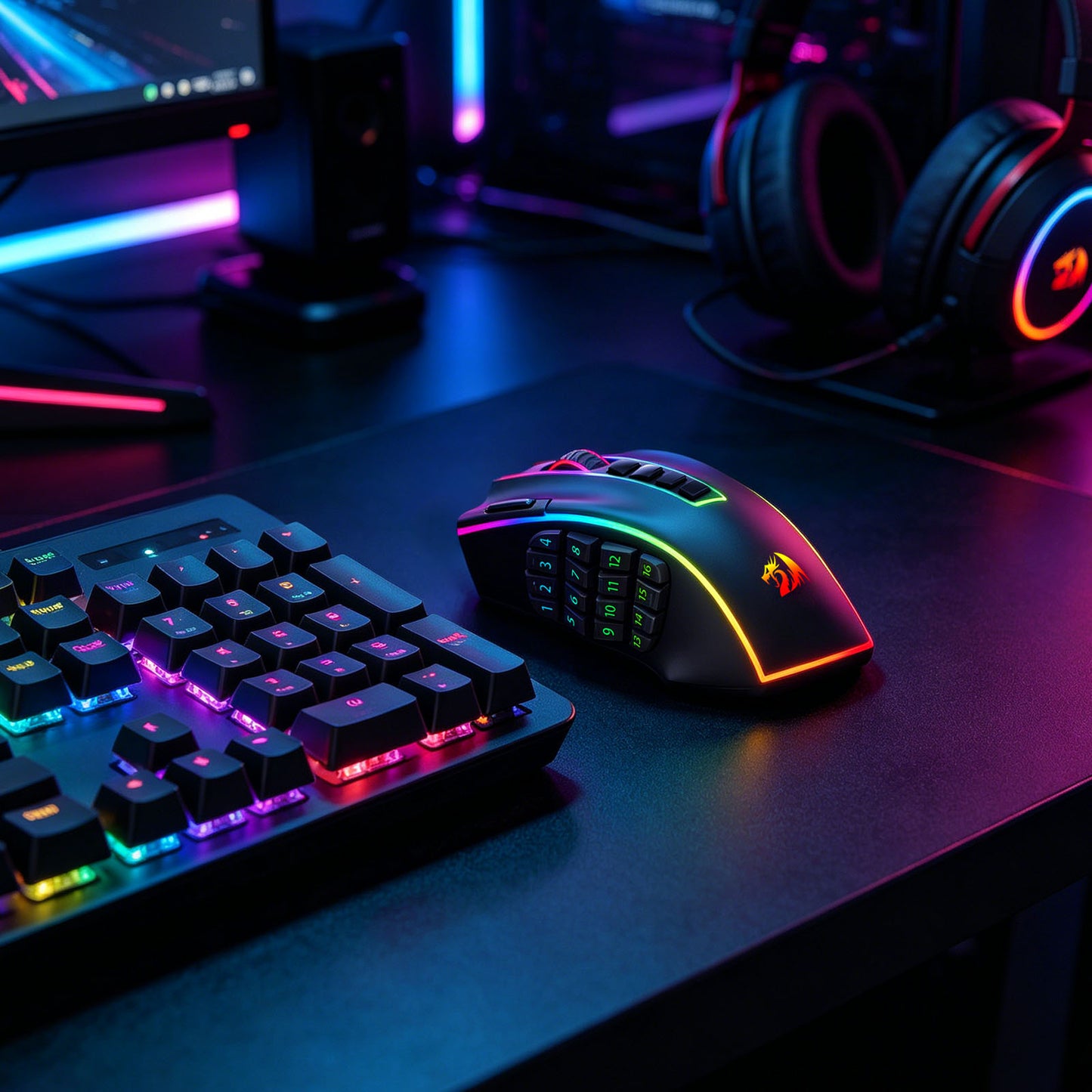 Redragon M990 MMO Wireless Gaming Mouse with RGB rainbow lighting and a small side logo, placed on a dark desk next to a matching keyboard and headphones in a neon-lit setup.