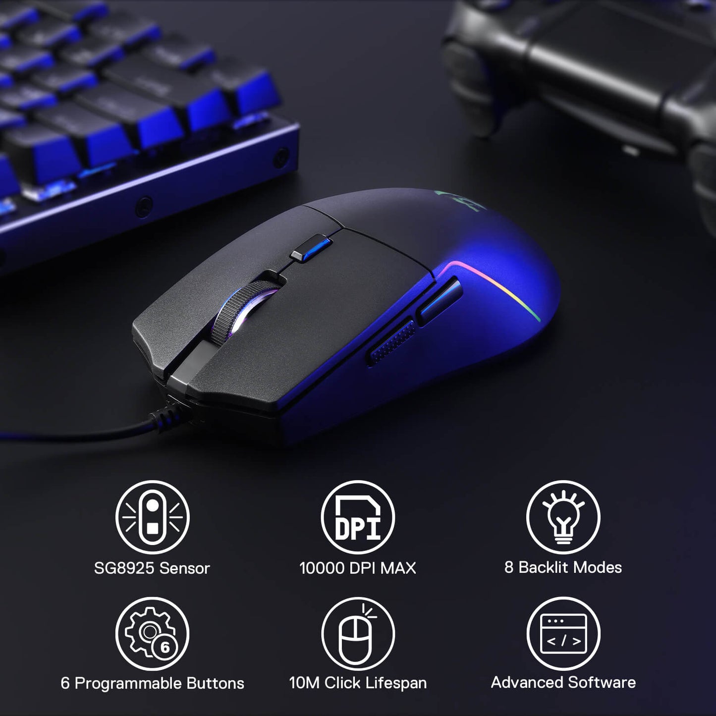A black wired gaming mouse (with RGB backlighting) is shown next to a keyboard, with icons listing its features: SG8925 sensor, 10000 DPI, 8 backlit modes, 6 programmable buttons, 10M click lifespan, and advanced software.