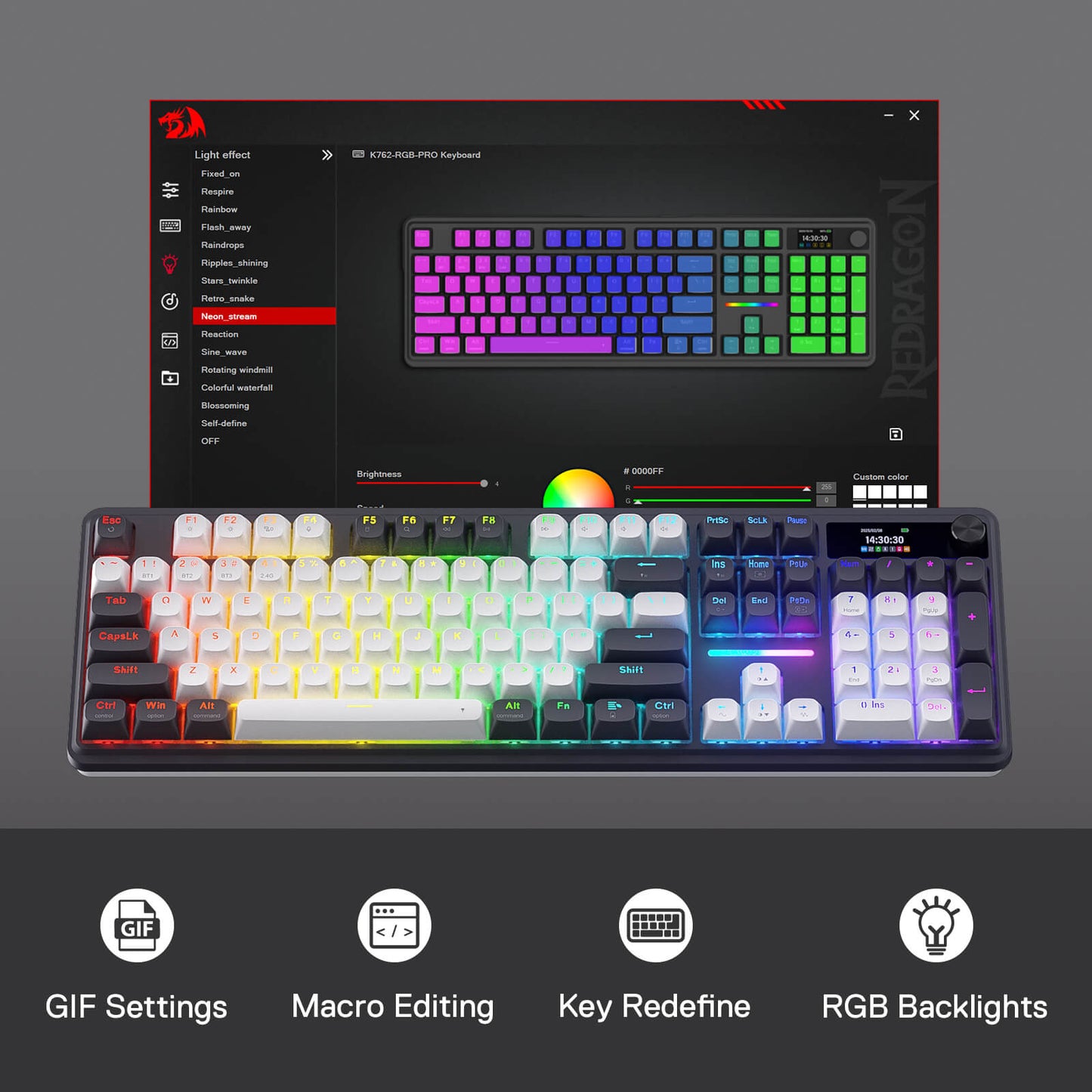 The Redragon K762 Pro is paired with its software, showing customizable features like GIF settings, macro editing, key redefinition, and RGB backlight controls.