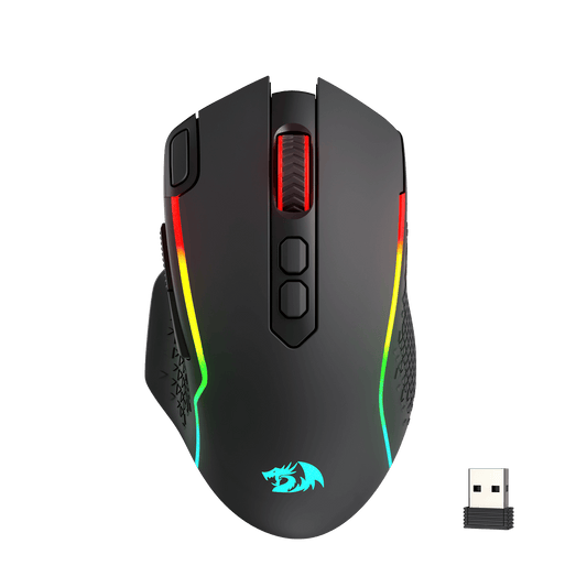 Redragon M810 Gaming mouse with RGB lighting and a USB receiver on a black background