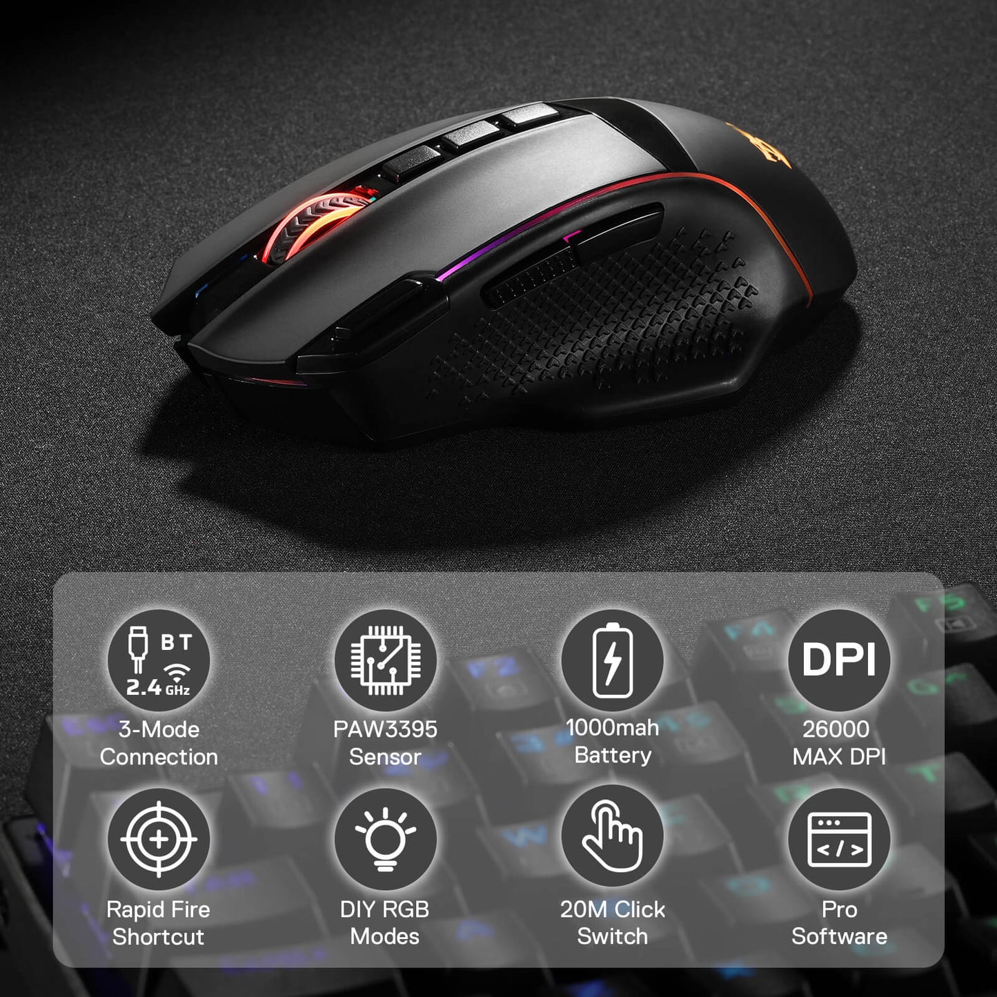 Redragon M991 Wireless Gaming Mouse, 26000 DPI 3-Mode Mice with Professional Sensor, Durable Power Capacity, Customizable Macro and RGB Backlight for PC/Mac/Laptop, Black