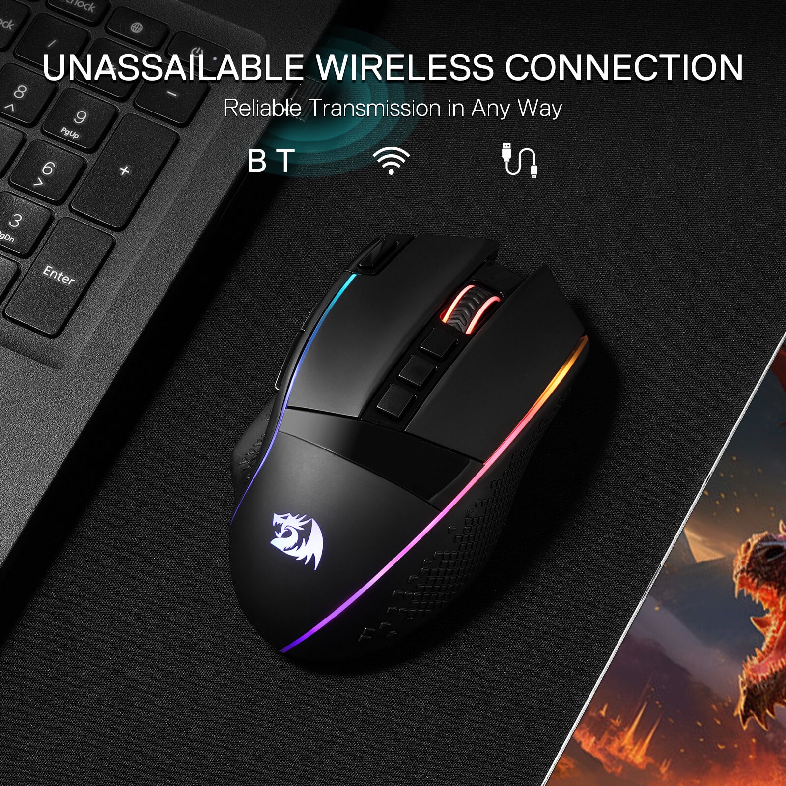 Redragon M991 Wireless Gaming Mouse, 26000 DPI 3-Mode Mice with Professional Sensor, Durable Power Capacity, Customizable Macro and RGB Backlight for PC/Mac/Laptop, Black