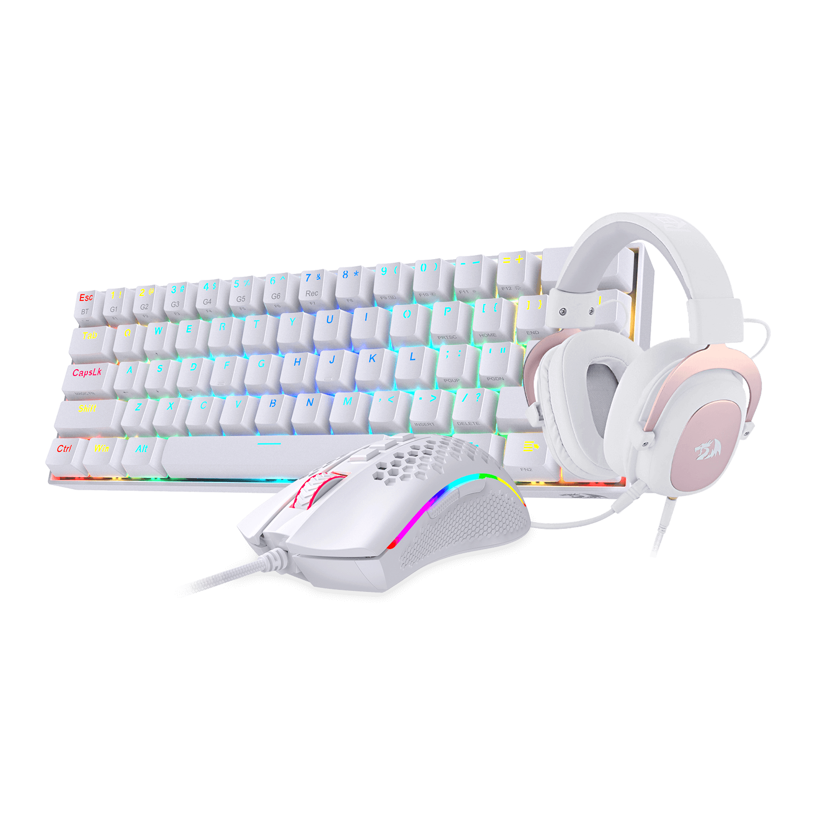 redragon white keyboard  mouse and headset