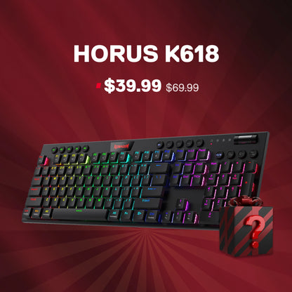 Gaming keyboard with RGB lighting on a red background, featuring 'HORUS K618' and price information.
