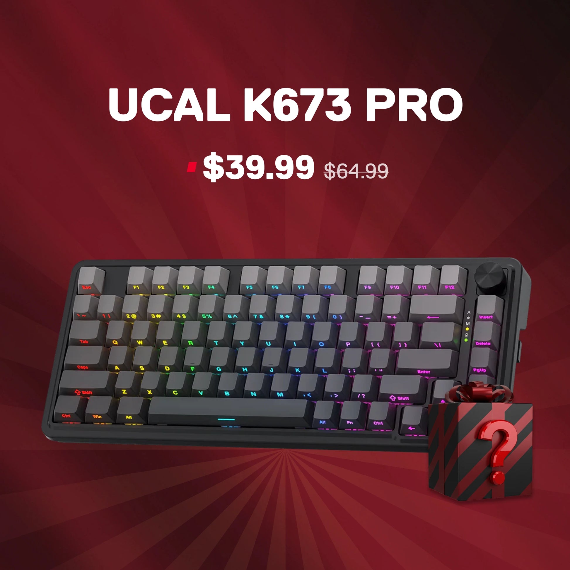 Mechanical keyboard with colorful backlighting on a red background, featuring the UCAL K673 PRO model.