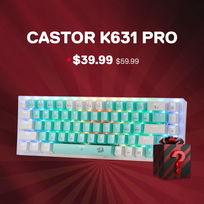 Mechanical keyboard with turquoise and white keys on a red background, featuring 'CASTOR K631 PRO' text.