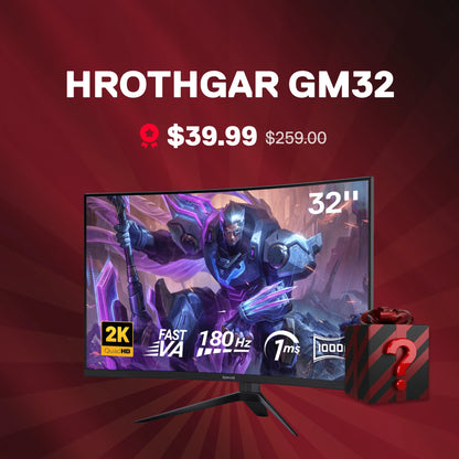 Gaming monitor with HROTHGAR GM32 branding on a red background
