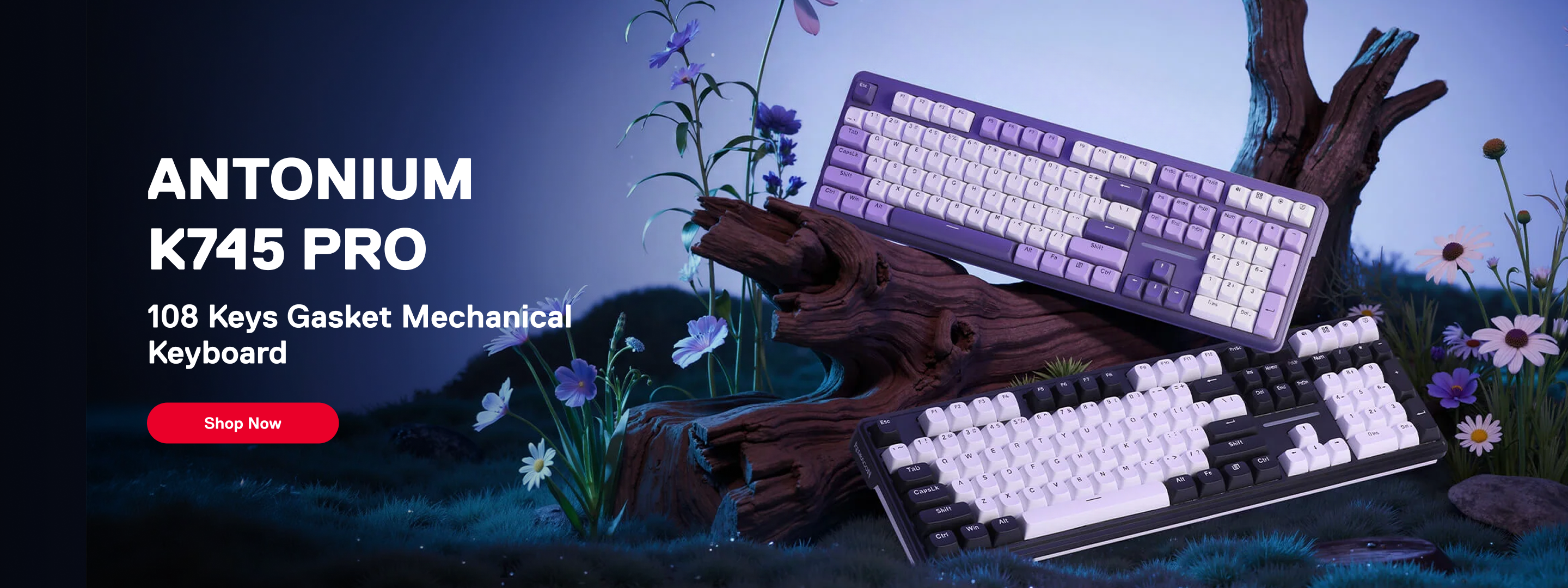Redragon Antonium K745 Pro keyboard with a natural background featuring flowers and trees.