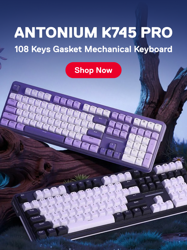 Redragon Antonium K745 Pro Mechanical keyboard with purple and white keys on a natural background