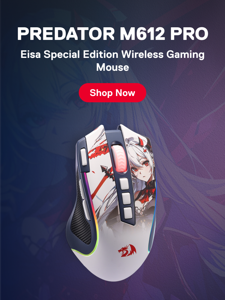 Redragon Gaming mouse with anime character design on a dark blue background, featuring the Predator M612 Pro branding.