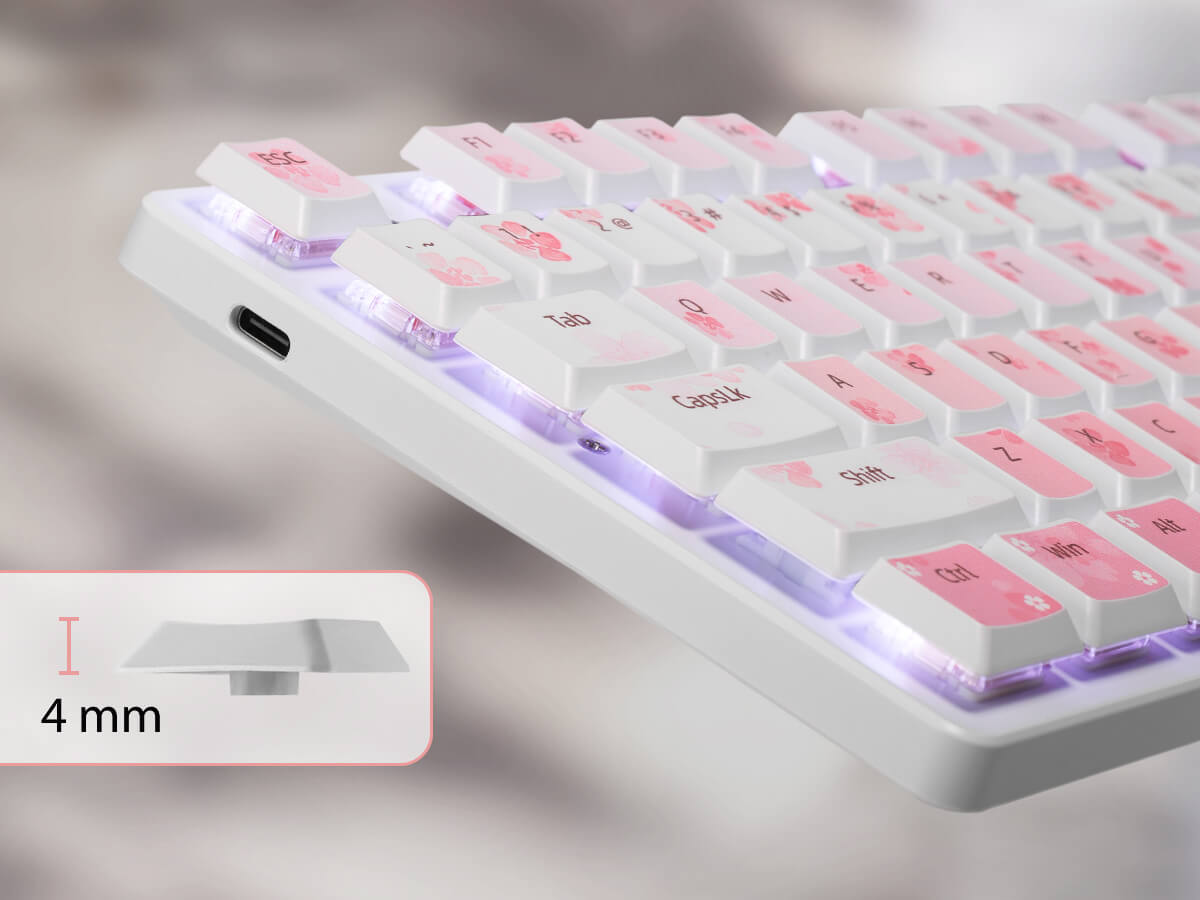 White mechanical keyboard with pink and white keycaps and purple backlighting, shown at an angle with a small inset diagram indicating 4 mm key travel.