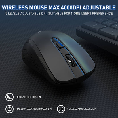 The wireless mouse is featured, with 5 adjustable DPI levels (max 4000 DPI) and a lightweight design for versatile user preferences.