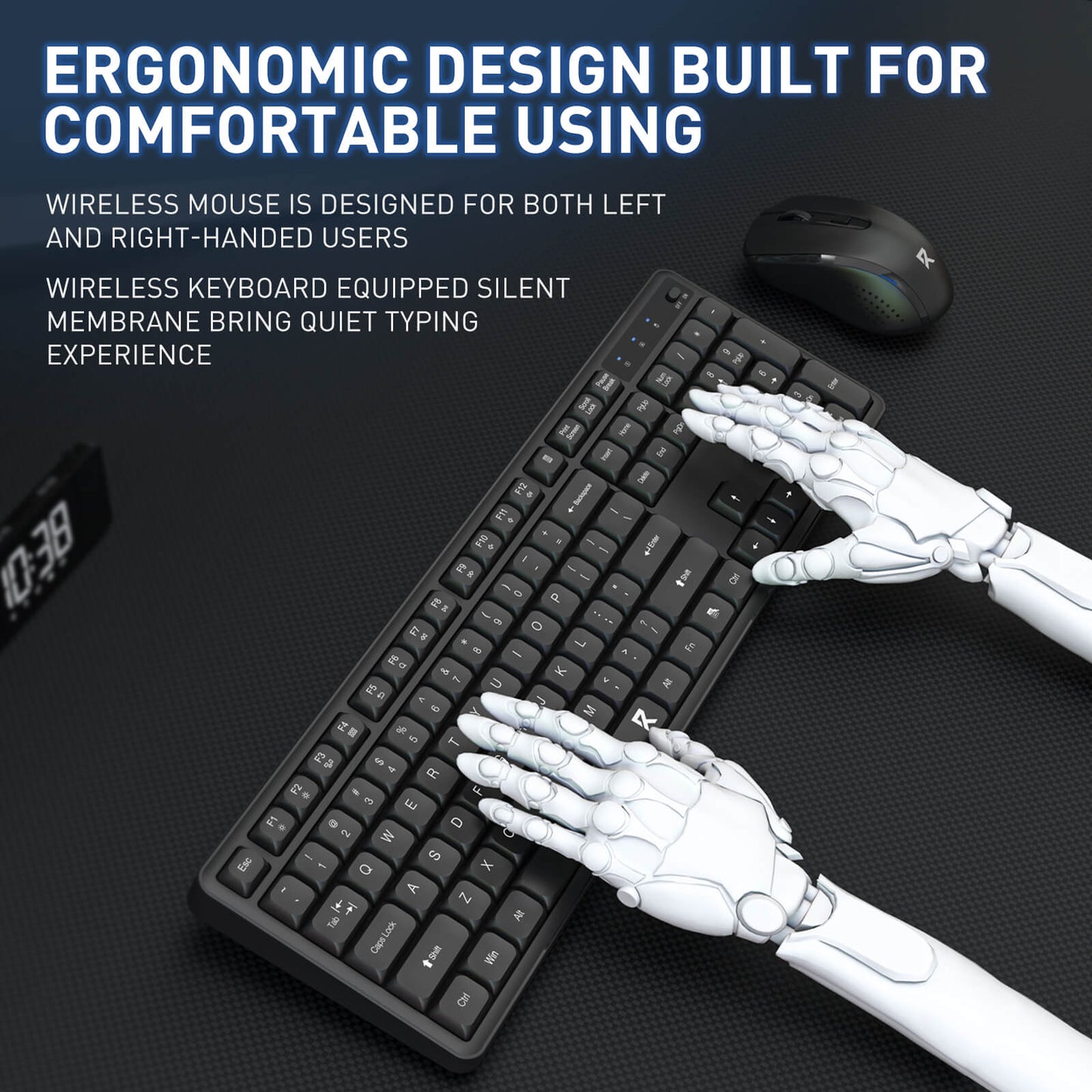 The ergonomic design of the set is shown: the keyboard offers silent typing, and the mouse is suitable for both left and right-handed users.