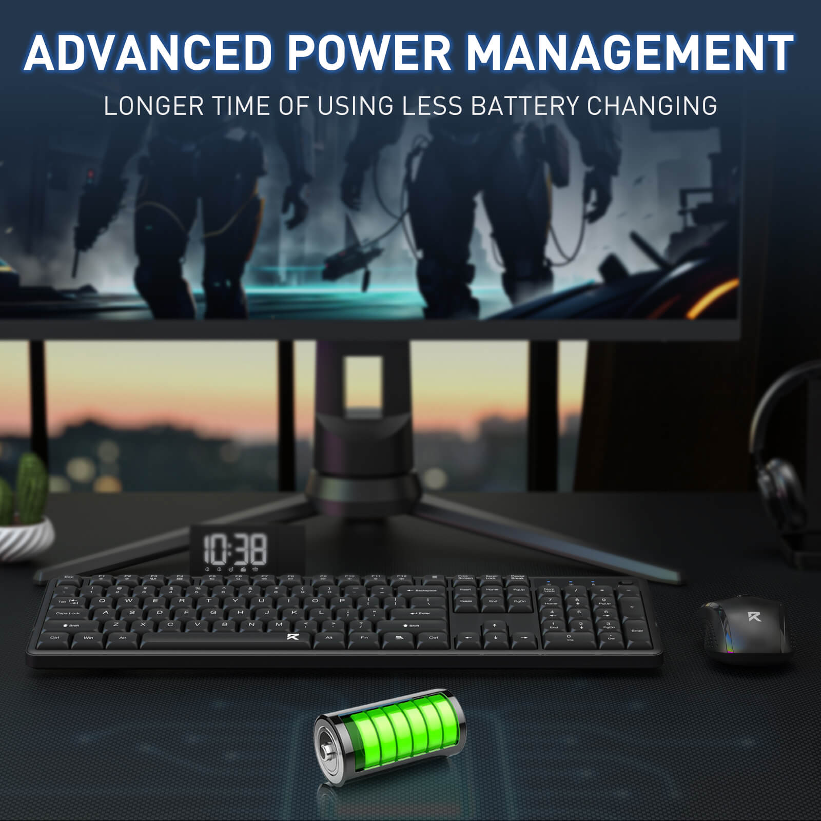 The set’s advanced power management is showcased, emphasizing longer battery life and reduced battery changes for extended use.