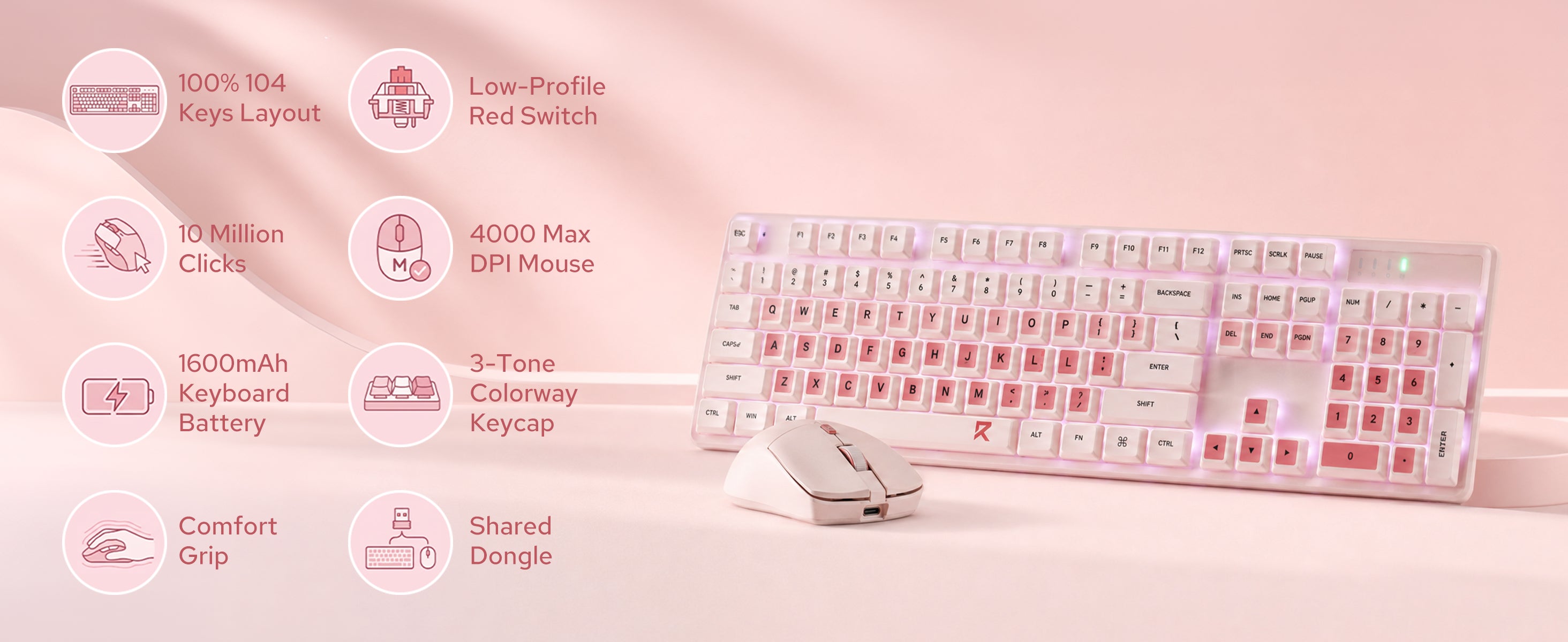 A pink and white wireless keyboard and mouse set displayed on a soft pink background with feature callout icons and text on the left. The keyboard has a translucent pink body with white keys, and the mouse is white with pink accents.