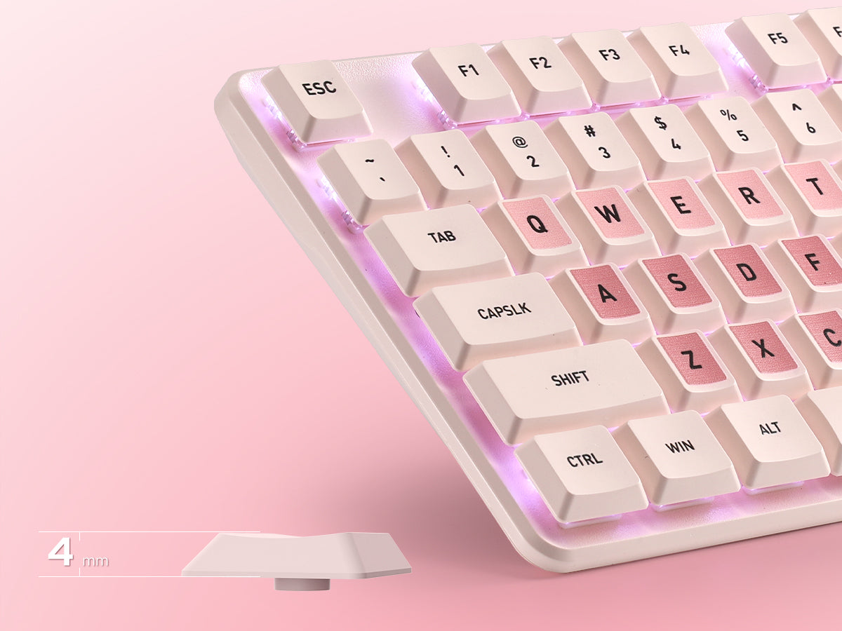 A close-up of a mechanical keyboard with cream-colored keys and pink-accented keys, illuminated by purple LED backlighting, shown on a soft pink background.