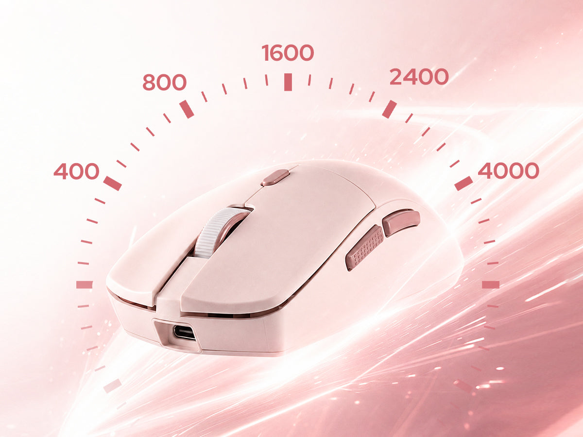 A light pink gaming mouse centered against a glowing pink background with a speedometer graphic showing numbers from 400 to 4000.