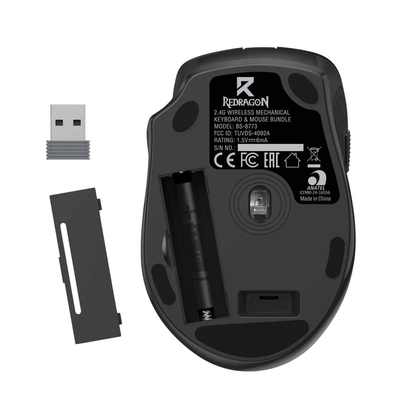 The underside of the Redragon wireless mouse is displayed, showing its battery compartment, 2.4GHz receiver, and model information (BS-8773).