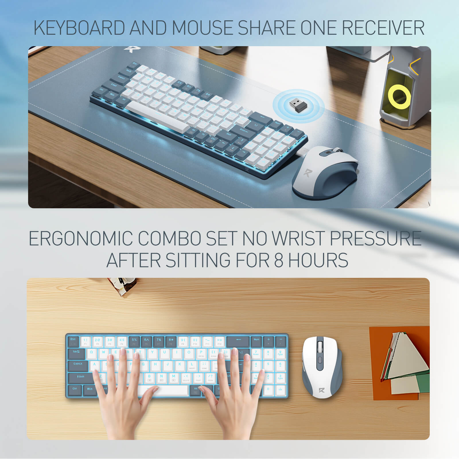 The combo uses a single shared receiver, with an ergonomic design that reduces wrist pressure even after 8 hours of use.