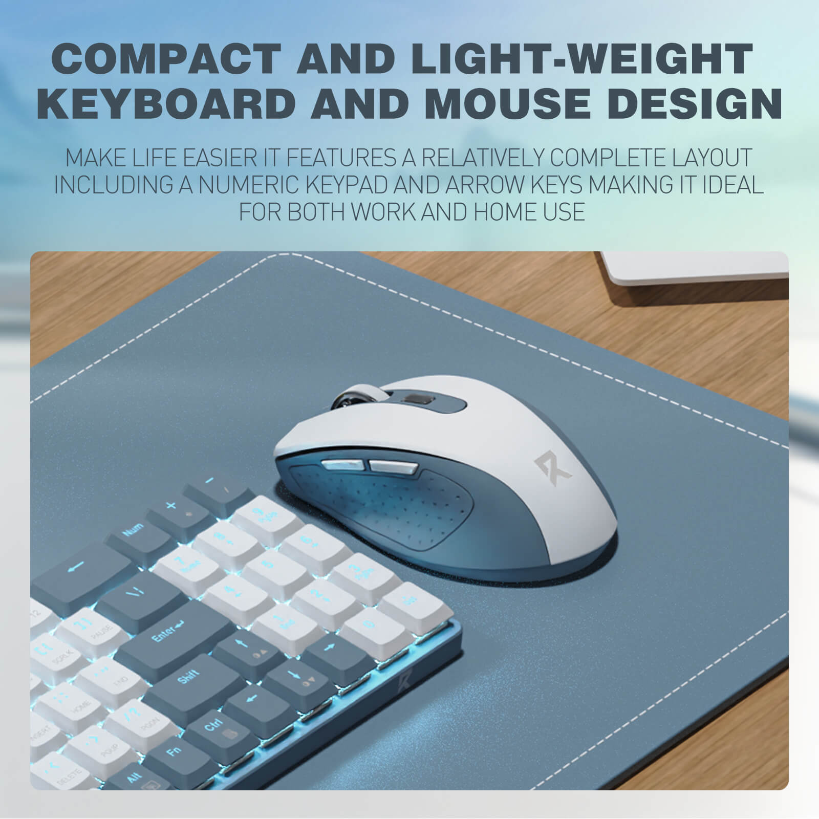 The compact, lightweight design of the combo is highlighted, with a complete layout including a numeric keypad and arrow keys for work and home use.
