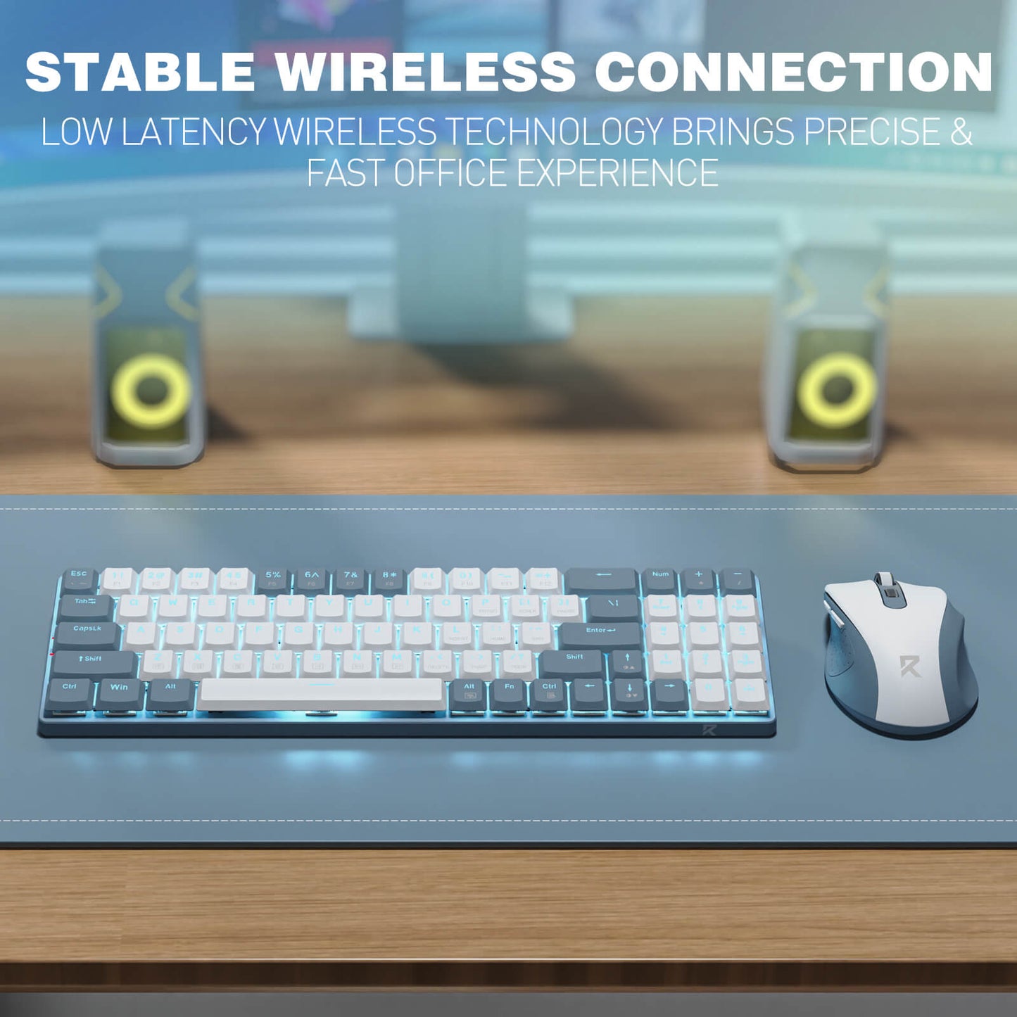 The stable 2.4G wireless connection is emphasized, delivering low latency for a precise and fast office experience.