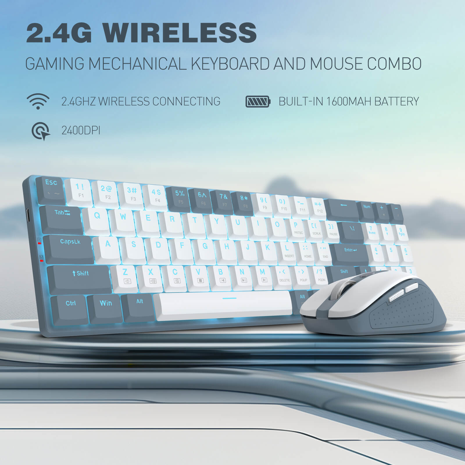 A 2.4G wireless gaming mechanical keyboard and mouse combo is showcased, featuring 2400 DPI and a built-in 1600mAh battery.