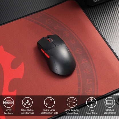 Black gaming mouse on a red and black mouse pad with product features displayed below.