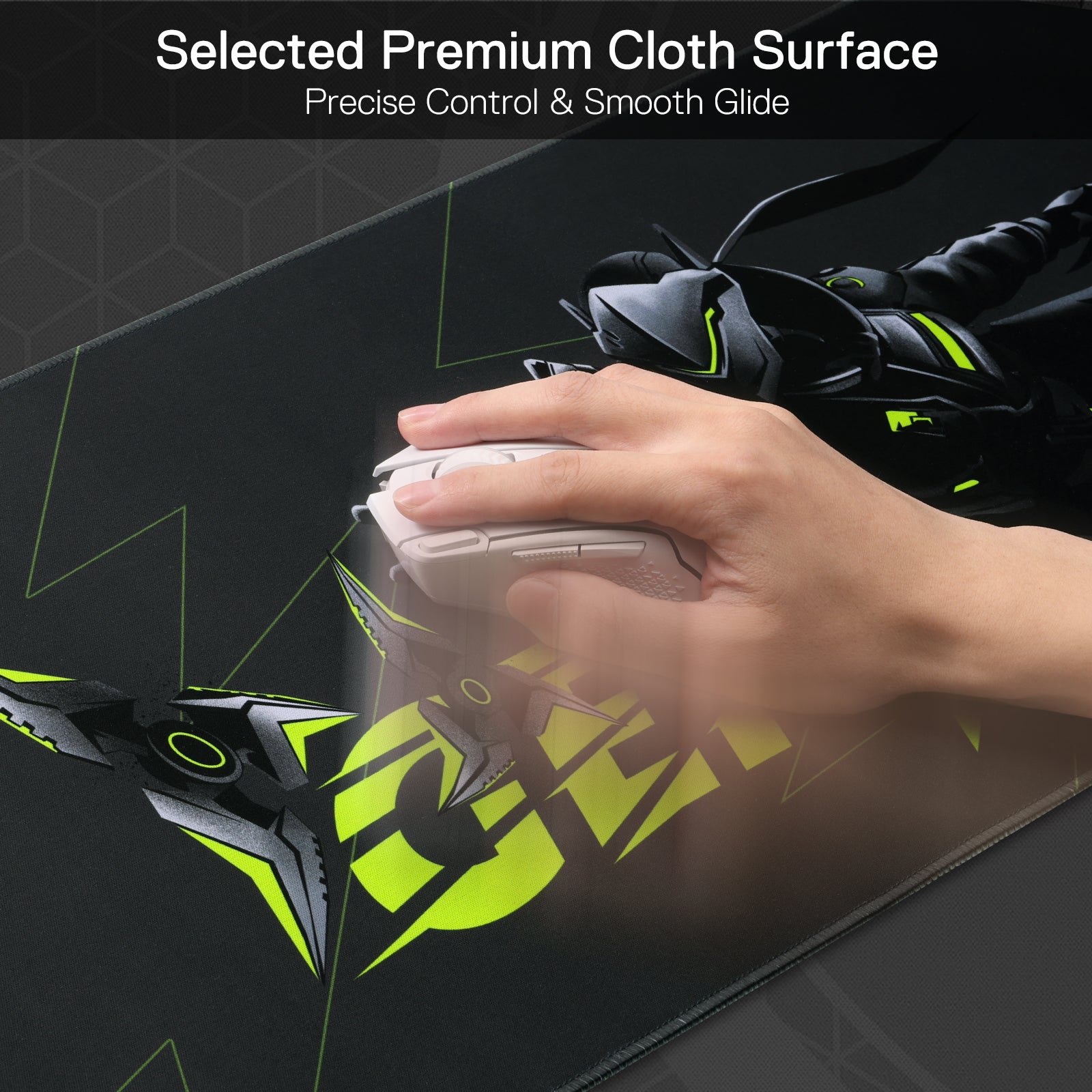 A hand glides a mouse on the pad, showcasing its "Selected Premium Cloth Surface" that enables precise control and smooth movement.