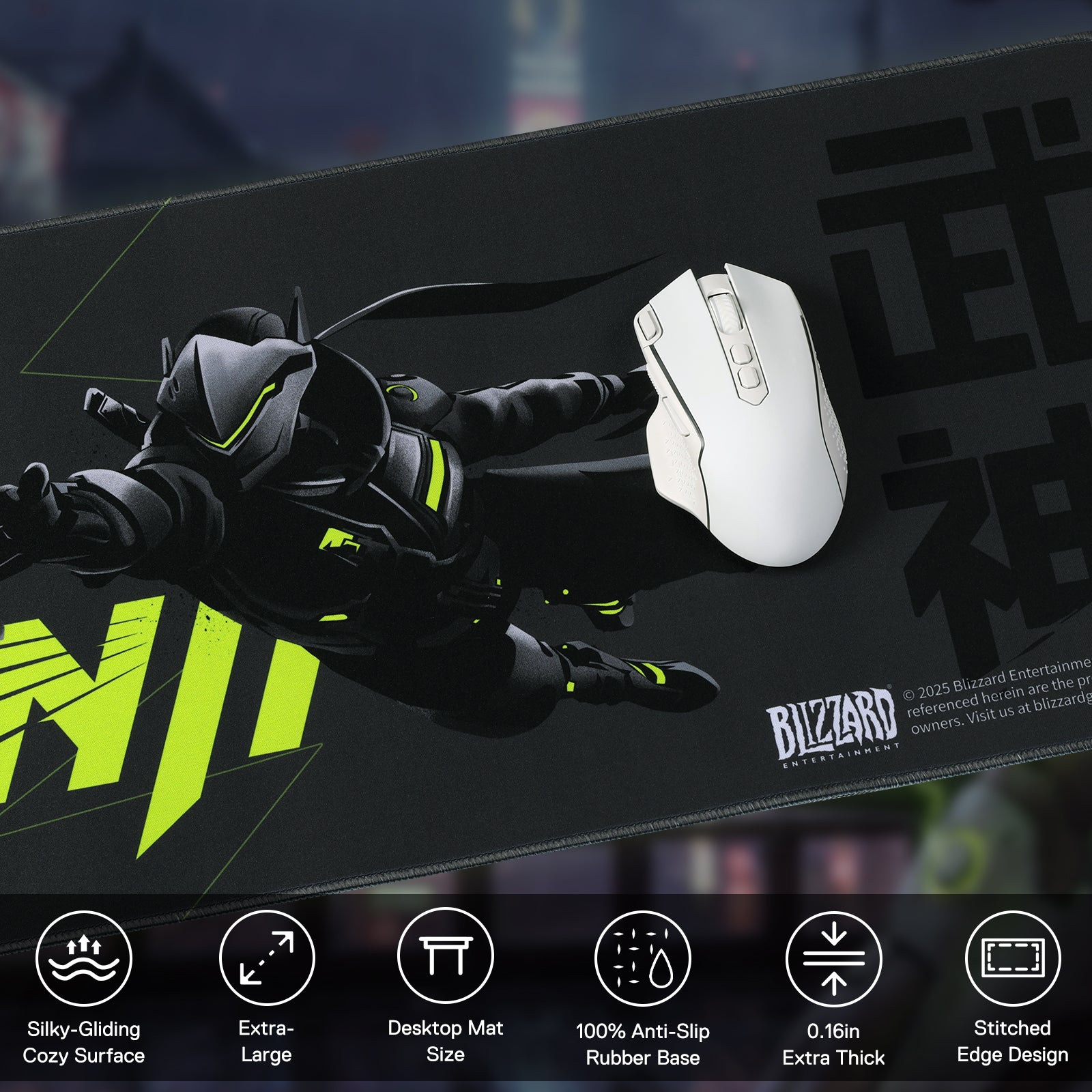 An Overwatch Genji-themed mouse pad (black with neon green accents) is shown with a white mouse, featuring icons for its key traits: silky surface, extra-large size, anti-slip base, and stitched edges.