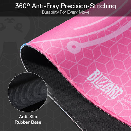 A close-up of the mouse pad’s edge shows 360° anti-fray stitching and an anti-slip rubber base, emphasizing durability and stability during use.