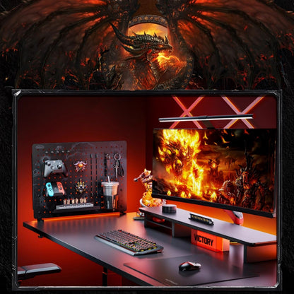 A WoW-themed pegboard organizer mounted above the desk, neatly displaying controllers, tools, and accessories while adding a bold, fiery gaming aesthetic to the setup.