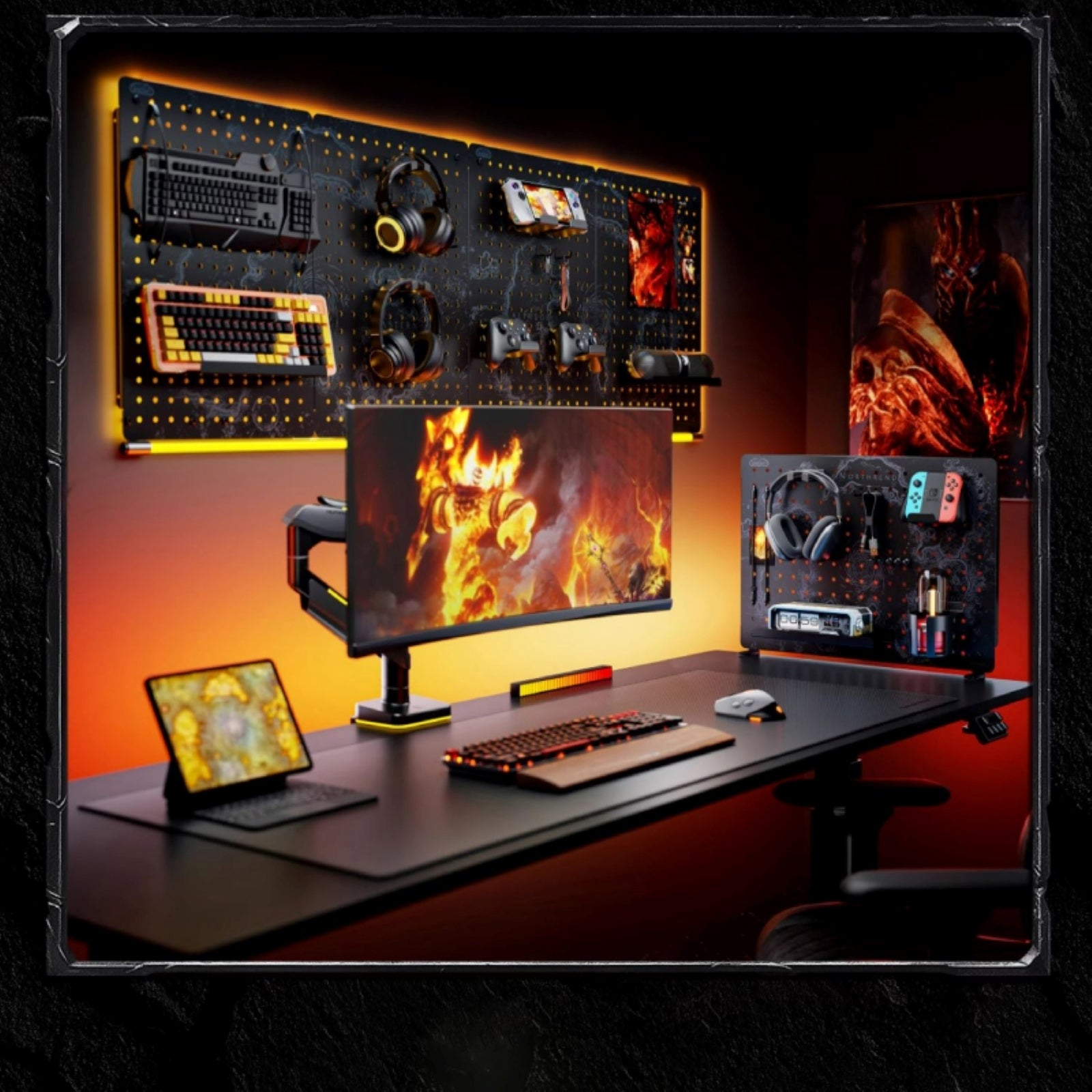 A World of Warcraft–themed gaming setup featuring a wall-mounted pegboard organizer, adjustable monitor arm, and coordinated accessories, illuminated with warm ambient lighting for an immersive battle-ready workspace.