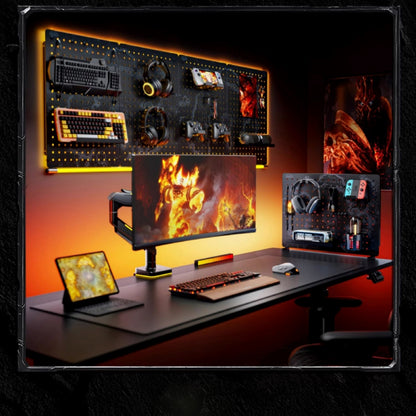 A World of Warcraft–themed gaming setup featuring a wall-mounted pegboard organizer, adjustable monitor arm, and coordinated accessories, illuminated with warm ambient lighting for an immersive battle-ready workspace.